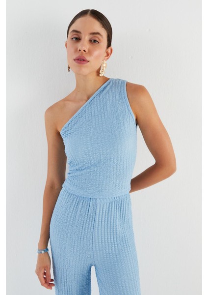 Tek Omuz Gofre Kumaş Bluz Pantolon Takım Mavı fiyatları