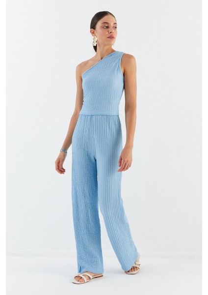 Tek Omuz Gofre Kumaş Bluz Pantolon Takım Mavı modelleri