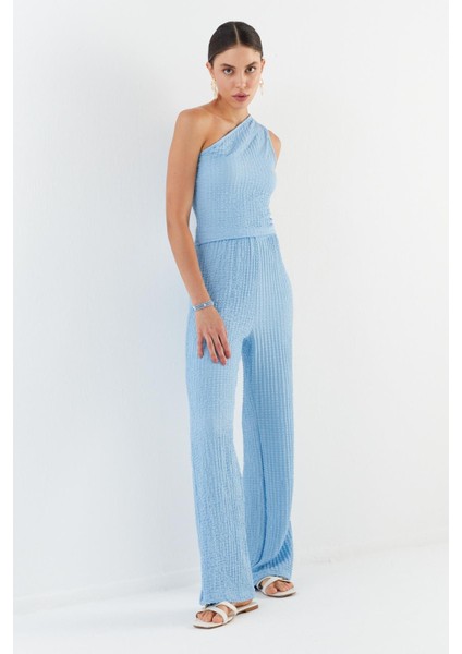 Tek Omuz Gofre Kumaş Bluz Pantolon Takım Mavı fırsatları