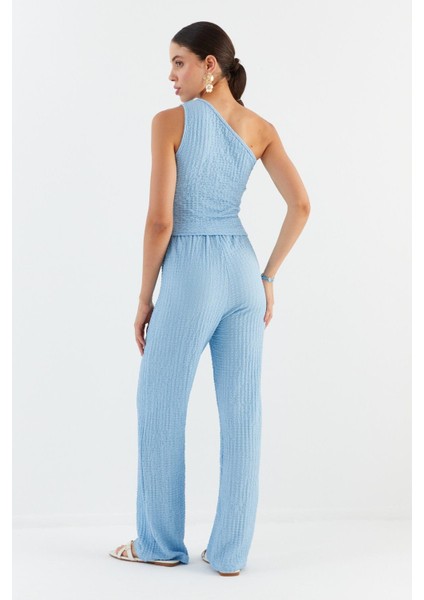 Tek Omuz Gofre Kumaş Bluz Pantolon Takım Mavı indirimleri