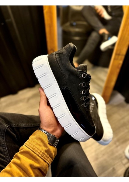 J600 Bağcıklı Ortopedik Taban Süet Erkek Günlük Sneaker Spor Ayakkabı Bt Siyah