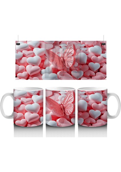 Kalplerin Arasında Uçan Şeffaf Kanatlı Kelebek – Baskılı Kahve Kupası