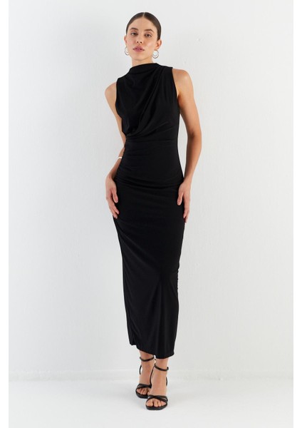 Drapeli Elbise Sıyah