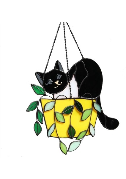 Çiçek Saksısında Kedi Güneş Tutucu Vitray Pencere Süsleri, Kristal Güneş Tutucu, Akrilik Güneş Tutucu Seti, Duvar Sanatı A (Yurt Dışından)