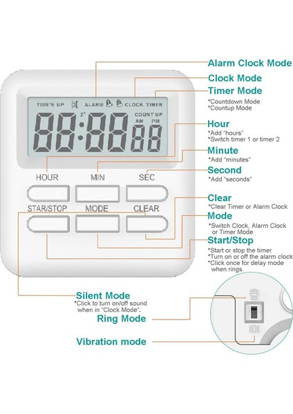 2pac Dijital Zamanlayıcı Manyetik Geri Sayım Zamanlayıcısı Yüksek Alarm Mutfak Zamanlayıcısı LCD Ekran Sınıf Zamanlayıcısı Çalışma Yemek Pişirme, Vb. (Yurt Dışından) fiyatları