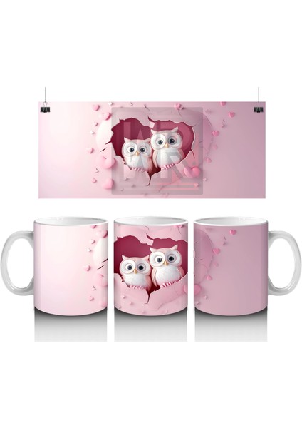 Pembe Çatlak Zeminde Yan Yana Oturan Sevimli Baykuşlar - Baskılı Kahve Kupası