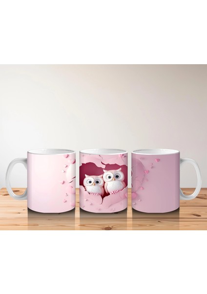 Pembe Çatlak Zeminde Yan Yana Oturan Sevimli Baykuşlar - Baskılı Kahve Kupası indirimleri