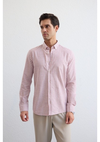 Senoc Erkek Gömlek Modern Slim Fit Keten Görünümlü Kalın Çizgili