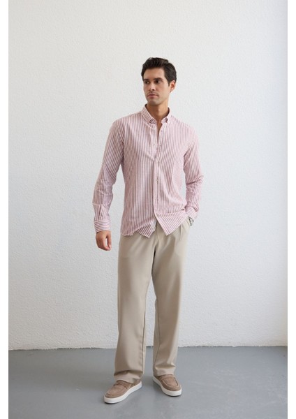 Senoc Erkek Gömlek Modern Slim Fit Keten Görünümlü Kalın Çizgili indirimleri