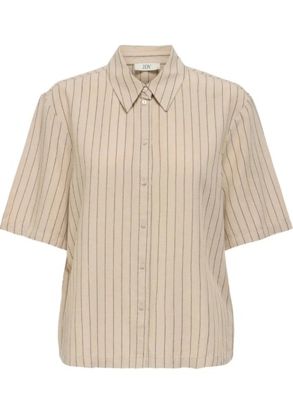 Jdycaya Keten Karışımlı Regular Fit Kısa Kollu Çizgili Gömlek Bayan Gömlek 15351493