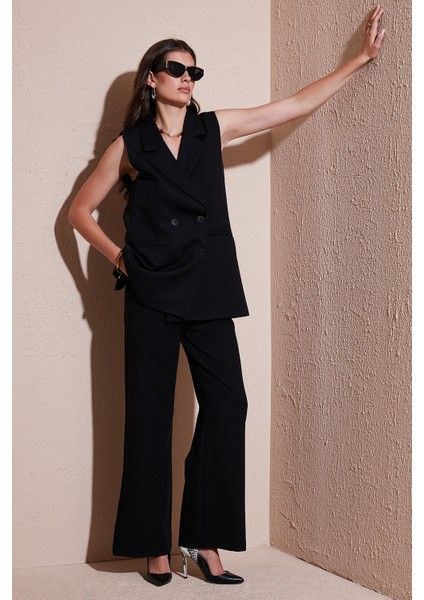 Wide Leg Orta Yüksek Bel Bol Paça Kumaş Pantolon Bayan Pantolon 6522974