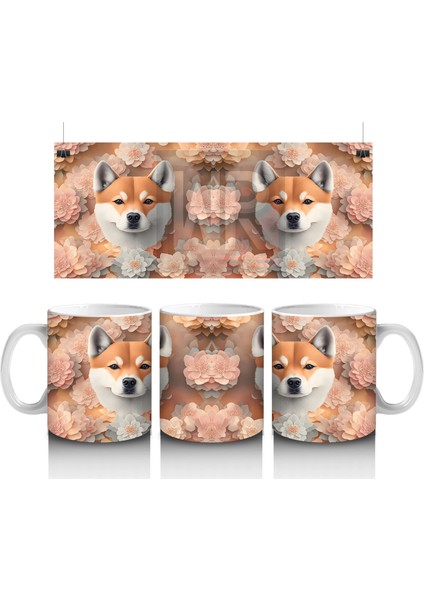 Çiçekli Fon Üzerinde Ikili Shiba Inu Portresi – Baskılı Kupa