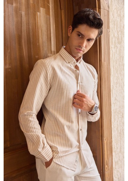 Senoc Erkek Gömlek Modern Slim Fit Keten Görünümlü Kalın Çizgili