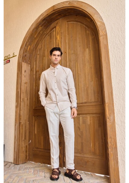 Senoc Erkek Gömlek Modern Slim Fit Keten Görünümlü Kalın Çizgili fiyatları