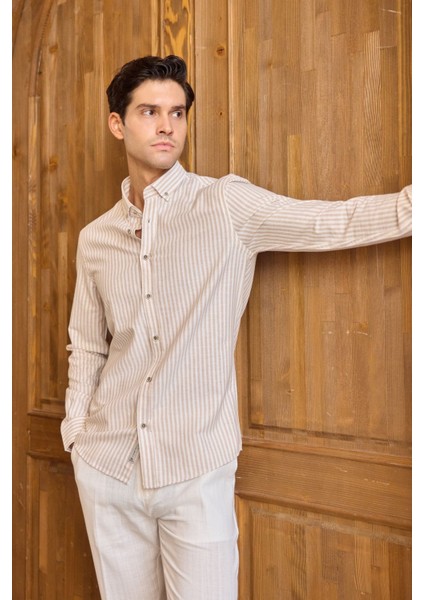Senoc Erkek Gömlek Modern Slim Fit Keten Görünümlü Kalın Çizgili modelleri