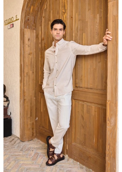 Senoc Erkek Gömlek Modern Slim Fit Keten Görünümlü Kalın Çizgili fırsatları