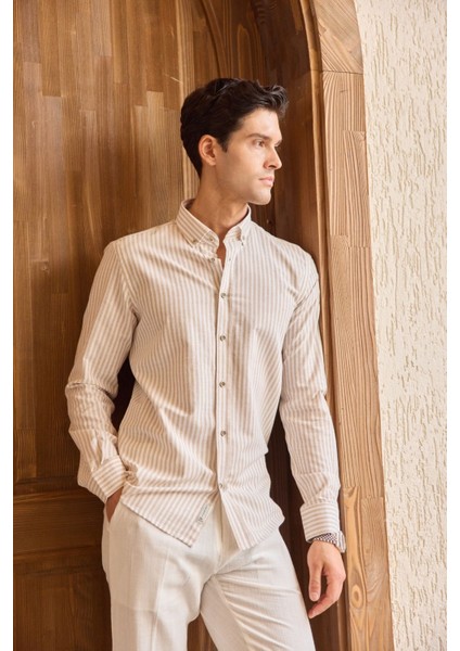 Senoc Erkek Gömlek Modern Slim Fit Keten Görünümlü Kalın Çizgili indirimleri