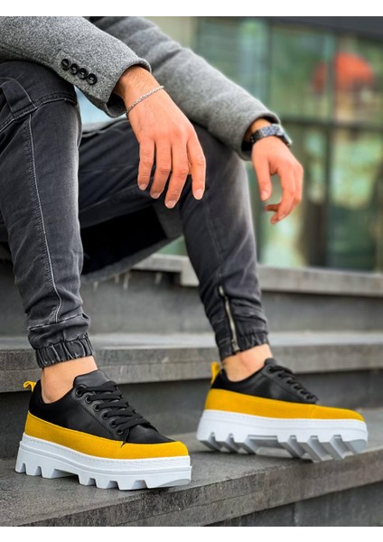 J056 Bağcıklı Ortopedik Taban Günlük Cilt Süet Erkek Spor Sneaker Ayakkabı Bt Siyah/sarı