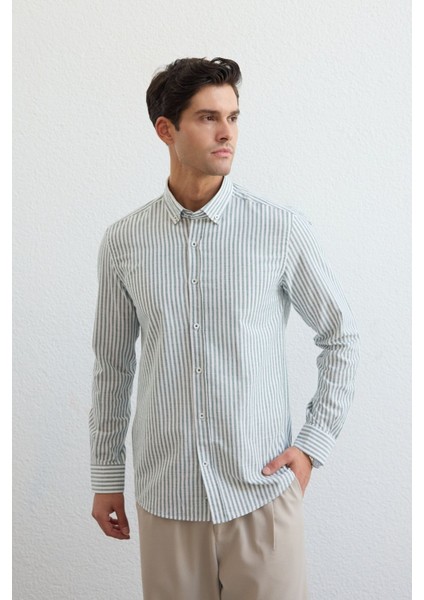Senoc Erkek Gömlek Modern Slim Fit Keten Görünümlü Kalın Çizgili