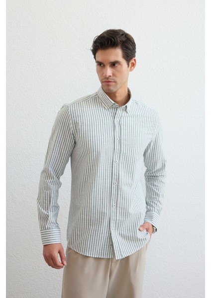 Senoc Erkek Gömlek Modern Slim Fit Keten Görünümlü Kalın Çizgili fiyatları