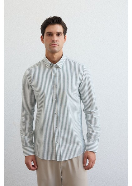 Senoc Erkek Gömlek Modern Slim Fit Keten Görünümlü Kalın Çizgili fırsatları