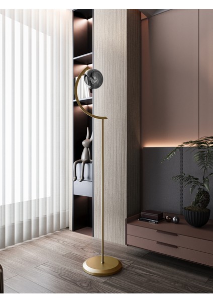 Stella Siyah Metal Gövdeli Tek Füme Cam Küre Lambader – Modern Tasarım Yer Lambası