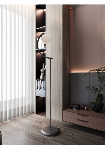 Stella Siyah Metal Gövdeli Tek Beyaz Cam Küre Lambader – Modern Tasarım Yer Lambası