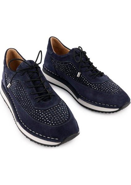Hakiki Deri Taşlı Günlük Rahat Süet Bağcıklı Ayakkabı Lacivert Süet 25633