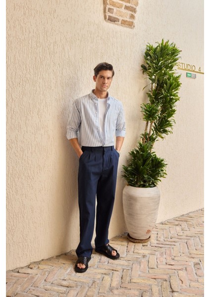 Senoc Erkek Gömlek Modern Slim Fit Keten Görünümlü Kalın Çizgili