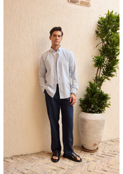 Senoc Erkek Gömlek Modern Slim Fit Keten Görünümlü Kalın Çizgili fiyatları