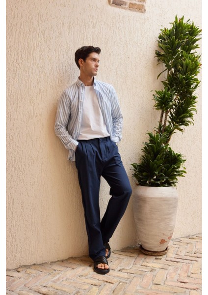 Senoc Erkek Gömlek Modern Slim Fit Keten Görünümlü Kalın Çizgili indirimleri