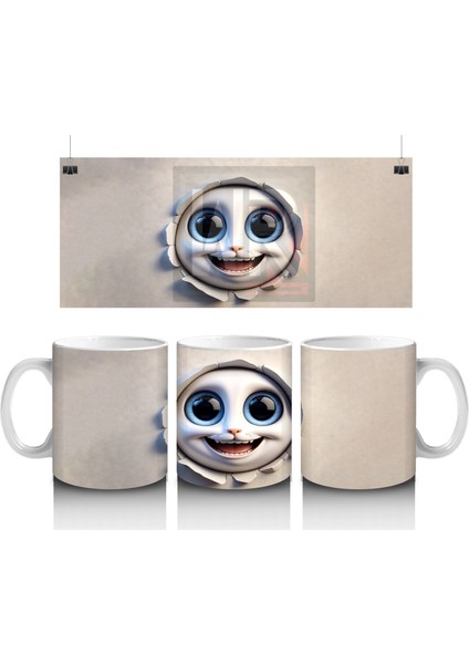 Geniş Gözlü Komik Yüz Maskotu – Baskılı Kahve Kupası