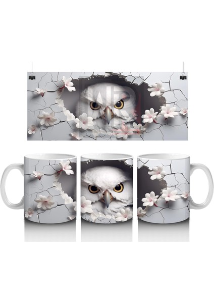 Beyaz Çiçeklerle Süslenmiş Baykuş – Baskılı Kahve Kupası