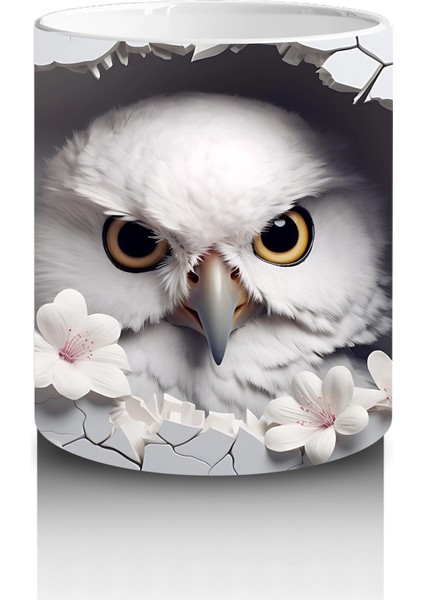 Beyaz Çiçeklerle Süslenmiş Baykuş – Baskılı Kahve Kupası modelleri