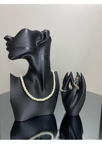 Şık Dekoratif Takı Mankeni Seti, Takı Standı ve Organizer, Siyah Renk