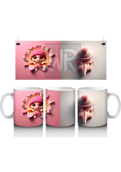 Pembe Arka Planda Şirin Çocuk Maskotu – Baskılı Kahve Kupası