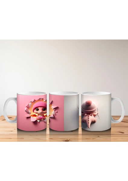 Pembe Arka Planda Şirin Çocuk Maskotu – Baskılı Kahve Kupası indirimleri