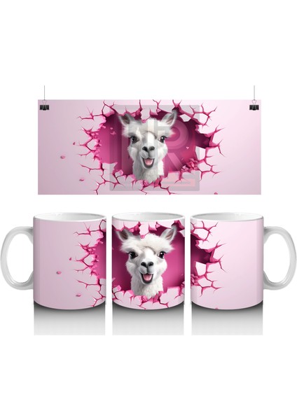 Pembe Arka Planlı Çatlak Zeminden Bakan Sevimli Lama - Baskılı Kahve Kupası