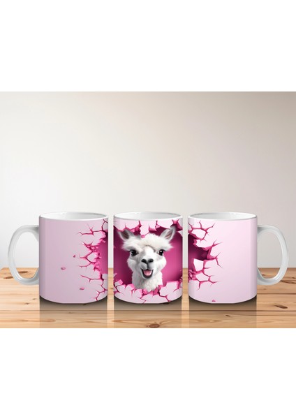 Pembe Arka Planlı Çatlak Zeminden Bakan Sevimli Lama - Baskılı Kahve Kupası indirimleri