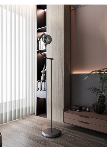 Stella Siyah Metal Gövdeli Tek Füme Cam Küre Lambader – Modern Tasarım Yer Lambası