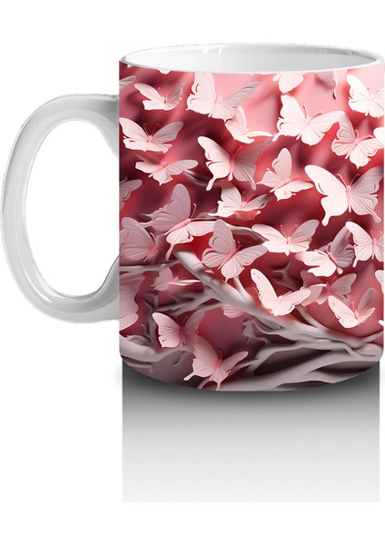 Pembe Yapraklar Arasında Beyaz Kelebek – Baskılı Kahve Kupası fiyatları