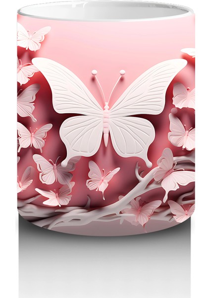 Pembe Yapraklar Arasında Beyaz Kelebek – Baskılı Kahve Kupası modelleri