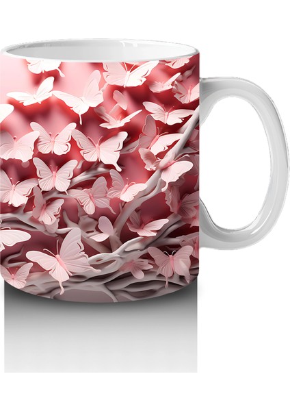 Pembe Yapraklar Arasında Beyaz Kelebek – Baskılı Kahve Kupası fırsatları