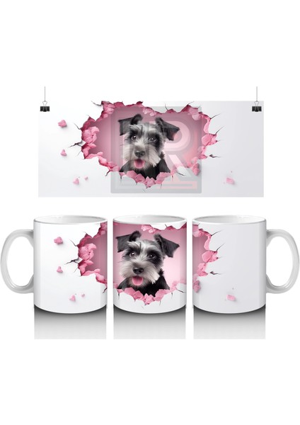 Pembe Kalplerle Çevrili Schnauzer Cinsi Sevimli Köpek - Baskılı Kahve Kupası