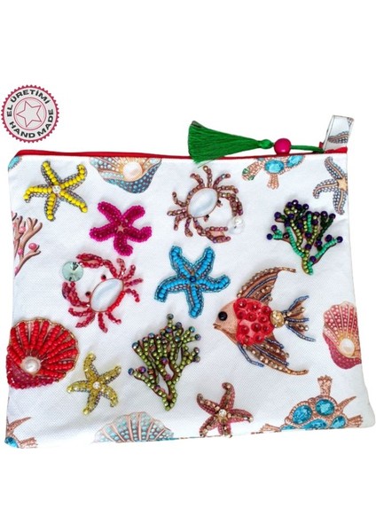 0148 El Yapımı Etnik Deniz Temalı Boncuk Işlemeli - Yeşil Püsküllü Clutch Çanta