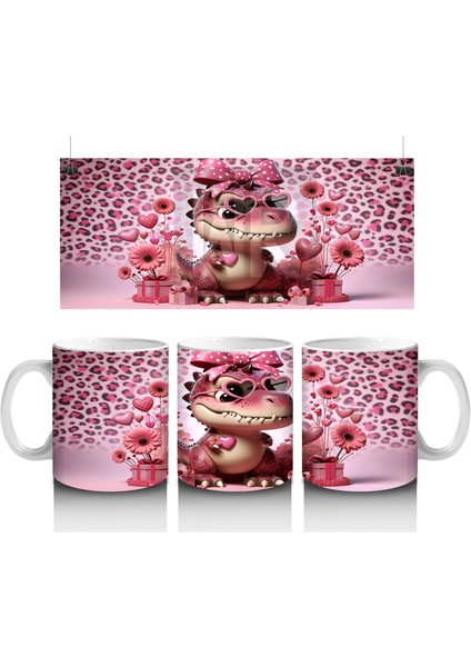 Leopar Desenli Zeminde Kurdeleli Dinozor ve Hediyeler - Baskılı Kahve Kupası