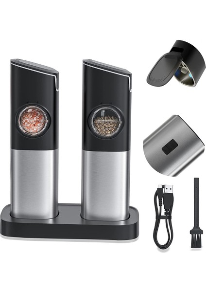 Tuz ve Karabiber Öğütücü Seti, Elektrikli Karabiber Öğütücü USB Şarj Edilebilir, Anahtarlı Otomatik Yerçekimi Öğütücü (Yurt Dışından)
