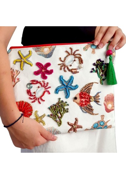 0148 El Yapımı Etnik Deniz Temalı Boncuk Işlemeli - Yeşil Püsküllü Clutch Çanta