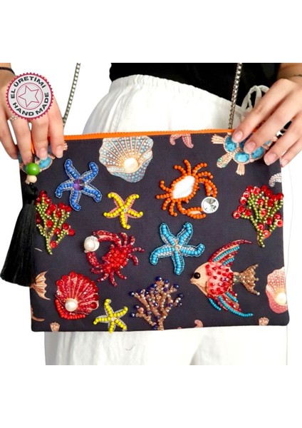 7348 El Yapımı Deniz Canlıları Desenli Boncuk Işlemeli Clutch / Askılı Çanta