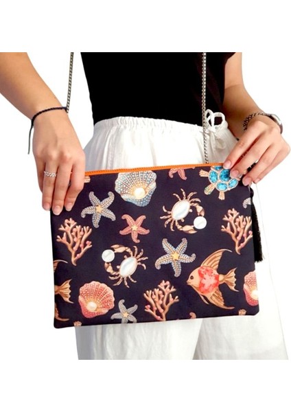 7348 El Yapımı Deniz Canlıları Desenli Boncuk Işlemeli Clutch / Askılı Çanta fiyatları
